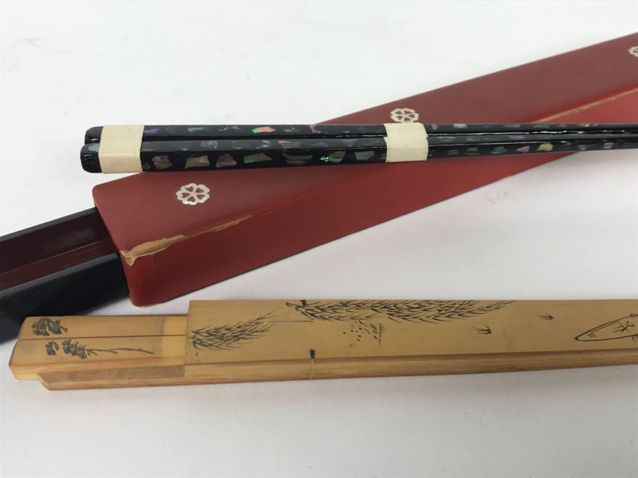 Vintage Lacquer With Mother Of Pearl Inlay Chopsticks And Bamboo Chopsticks [Photo 2]