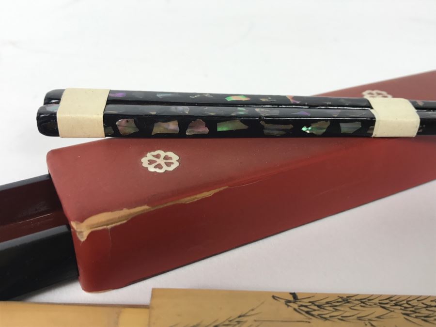 Vintage Lacquer With Mother Of Pearl Inlay Chopsticks And Bamboo Chopsticks [Photo 9]
