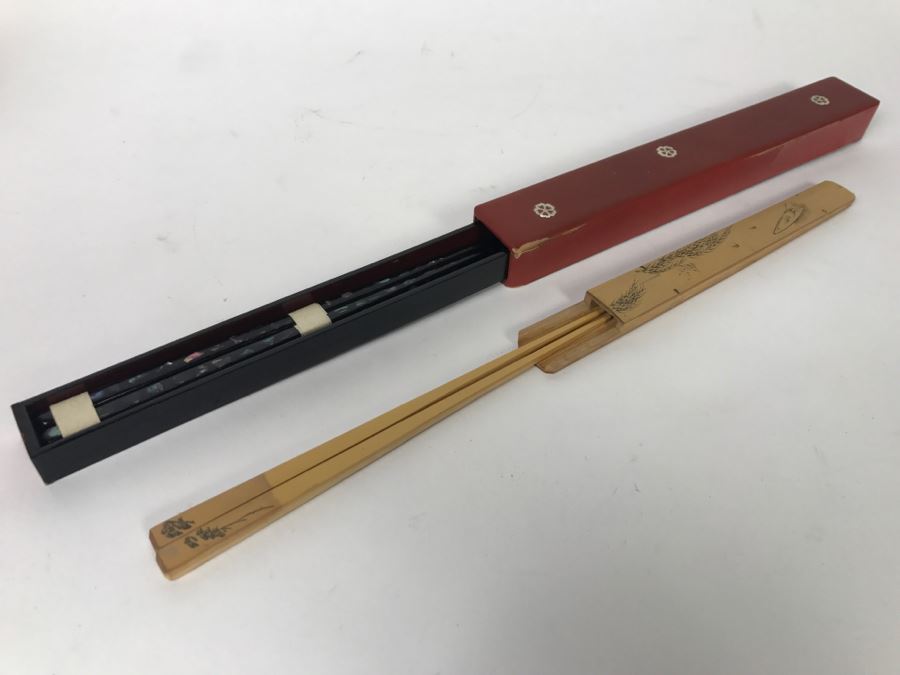 Vintage Lacquer With Mother Of Pearl Inlay Chopsticks And Bamboo Chopsticks