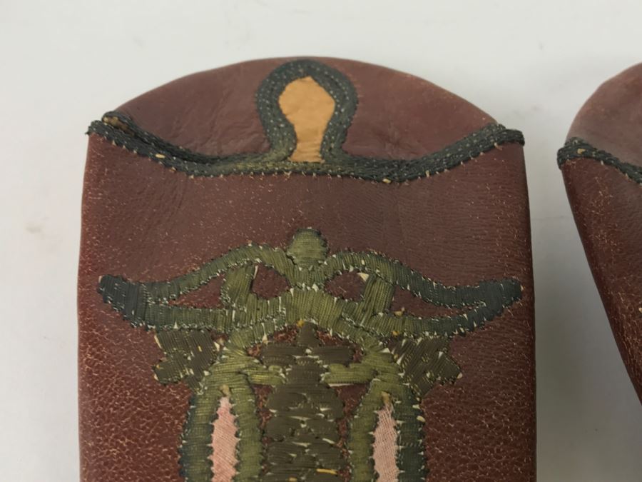Pair Of Vintage Hand Made Leather Slippers With Embroidery [Photo 7]