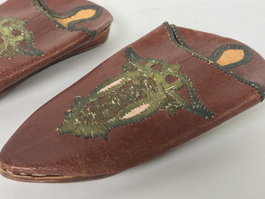Pair Of Vintage Hand Made Leather Slippers With Embroidery