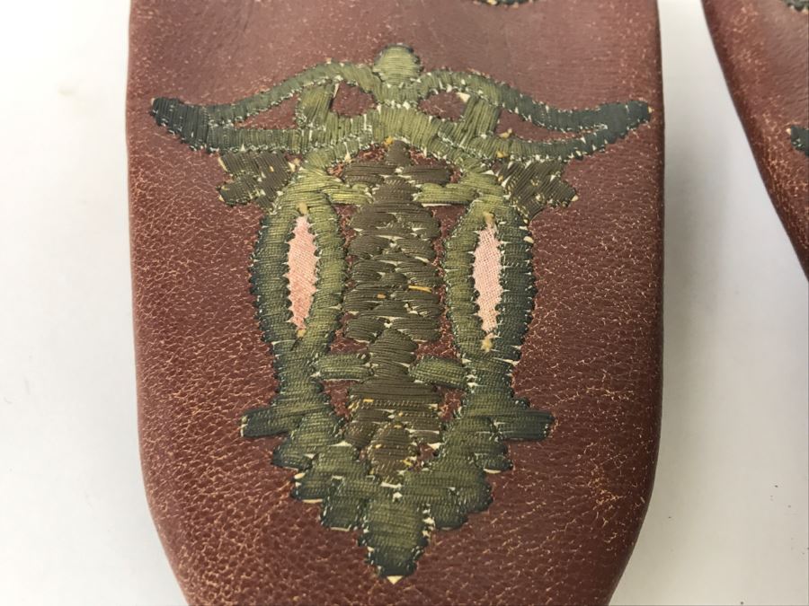 Pair Of Vintage Hand Made Leather Slippers With Embroidery [Photo 6]