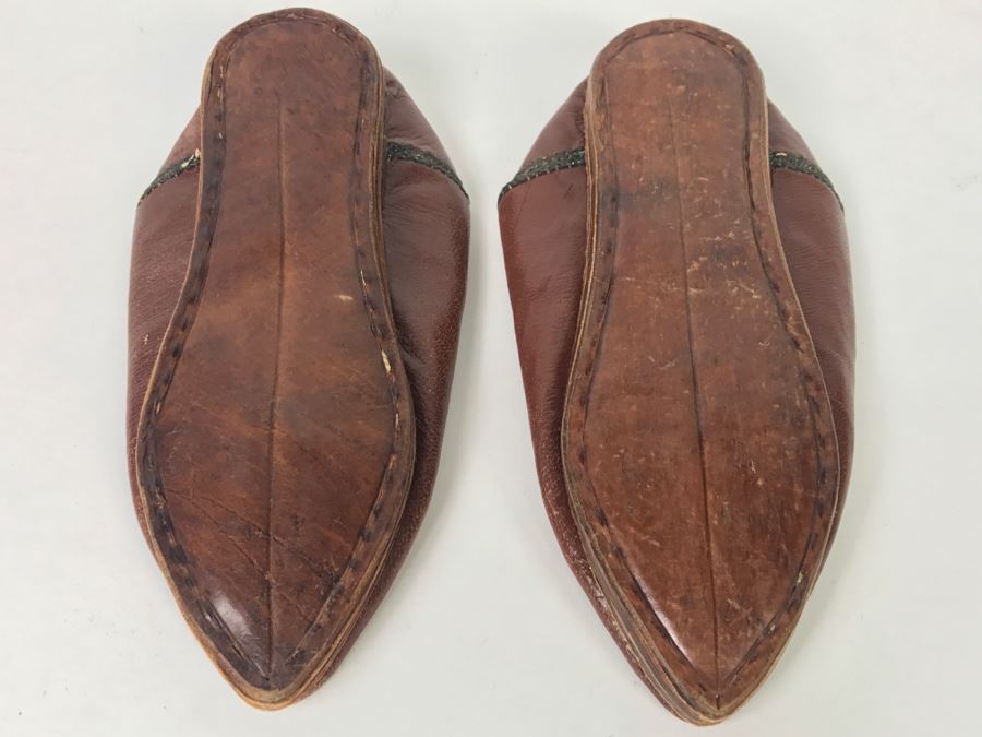 Pair Of Vintage Hand Made Leather Slippers With Embroidery [Photo 9]