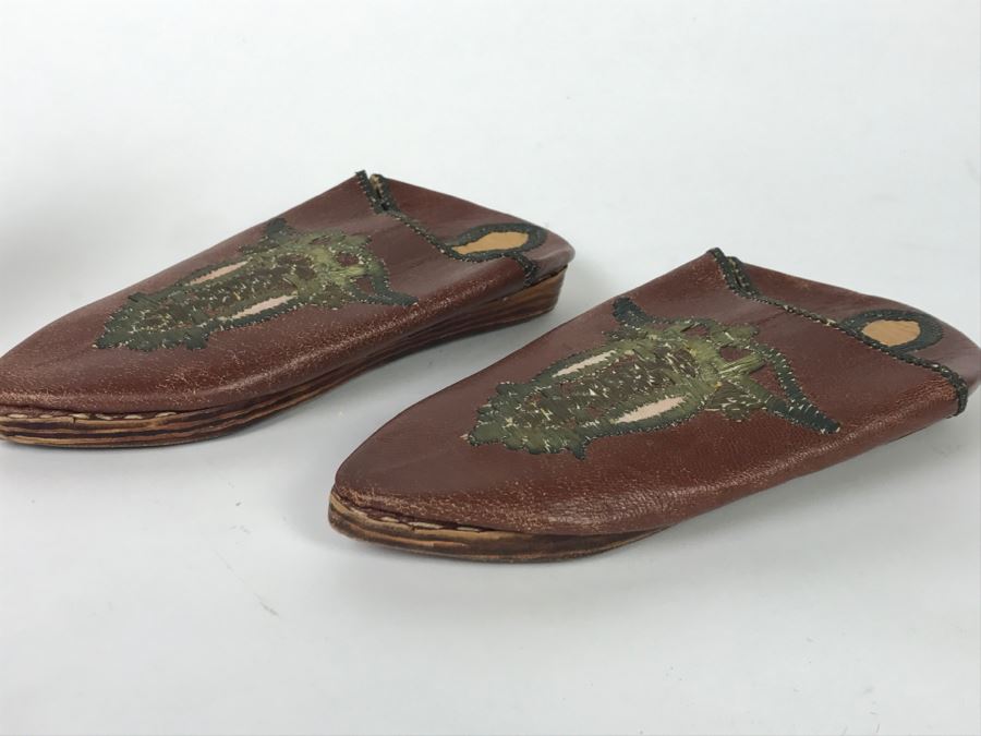 Pair Of Vintage Hand Made Leather Slippers With Embroidery