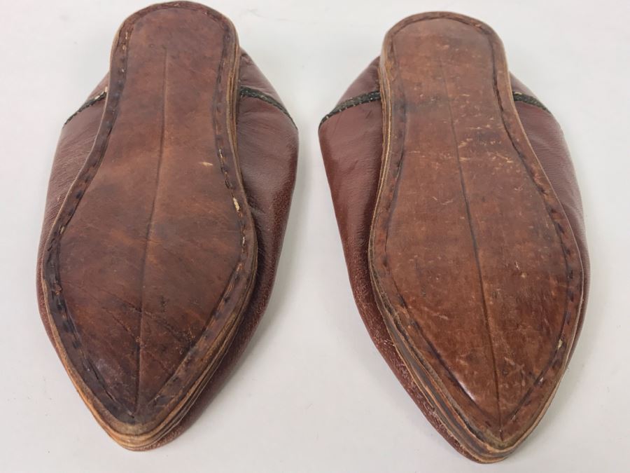 Pair Of Vintage Hand Made Leather Slippers With Embroidery [Photo 8]