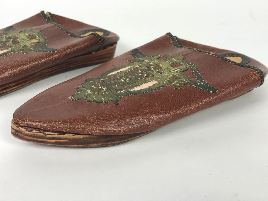Pair Of Vintage Hand Made Leather Slippers With Embroidery [Photo 4]