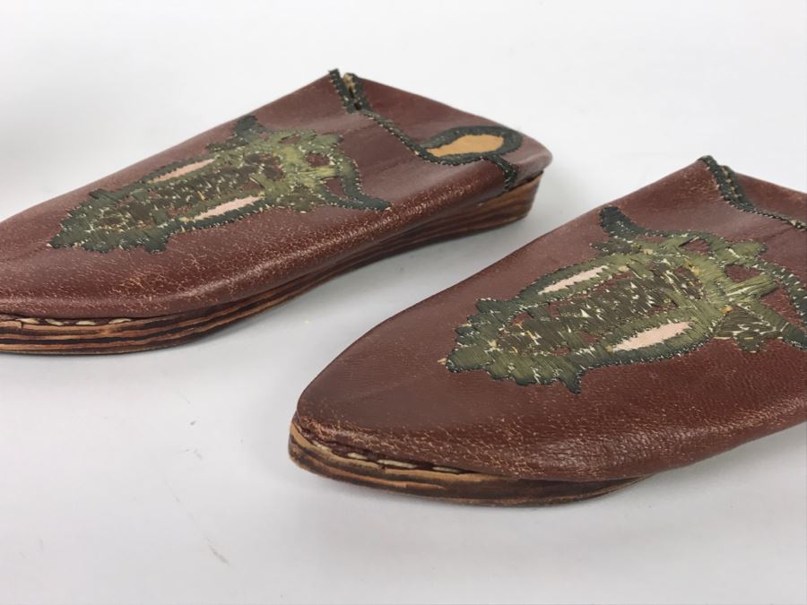 Pair Of Vintage Hand Made Leather Slippers With Embroidery [Photo 2]