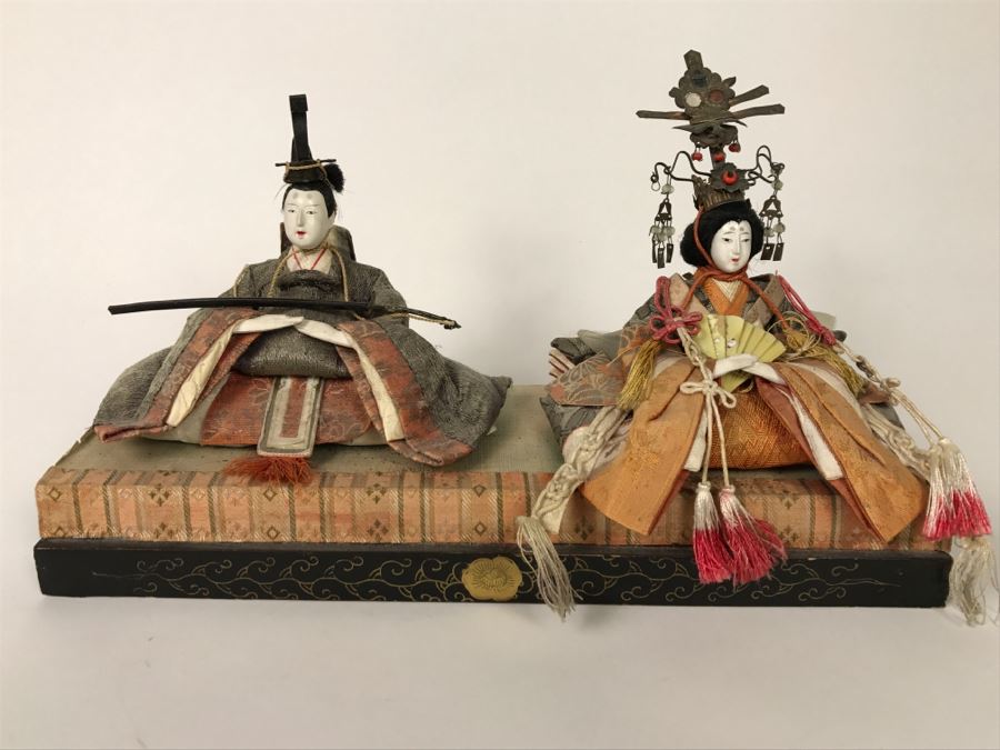 Pair Of Detailed Japanese Dolls On Stand