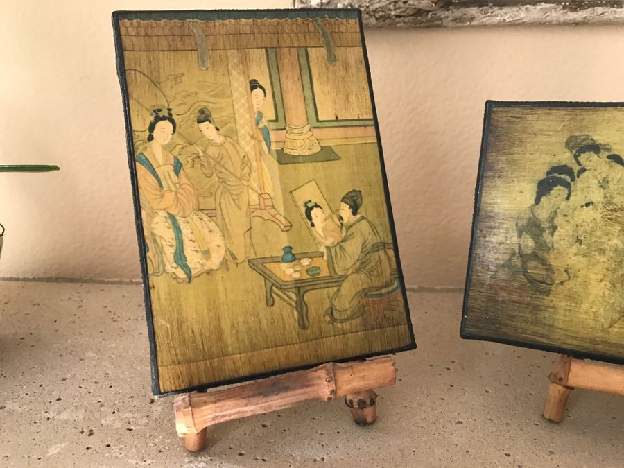 Pair Of Decorative Asian Artwork With Bamboo Stands [Photo 2]