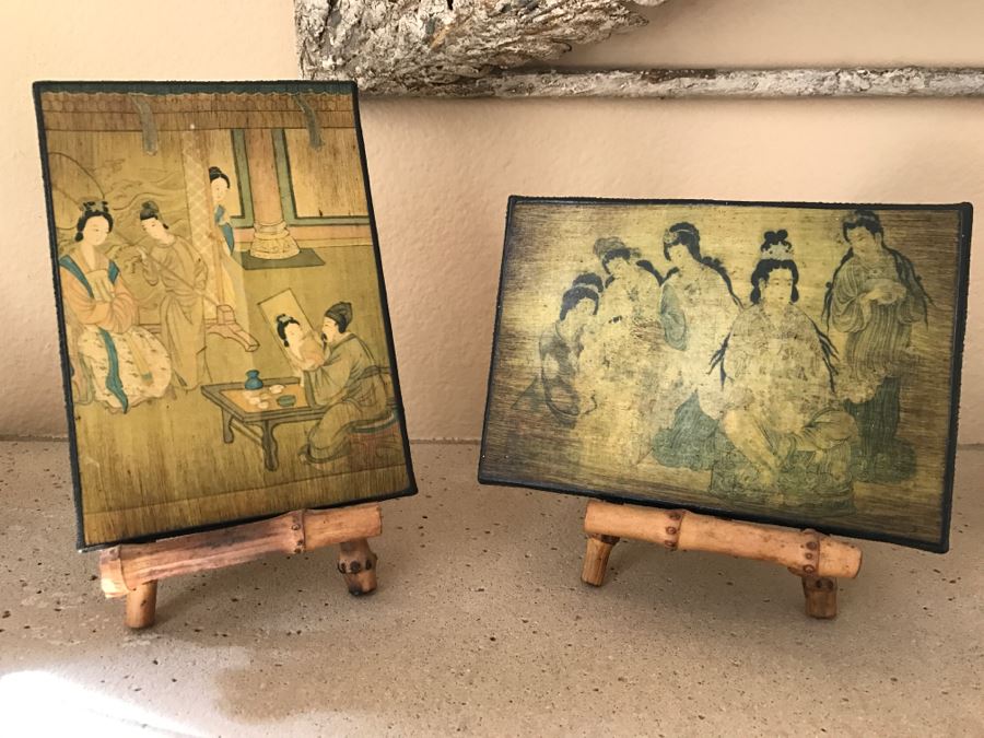 Pair Of Decorative Asian Artwork With Bamboo Stands [Photo 1]