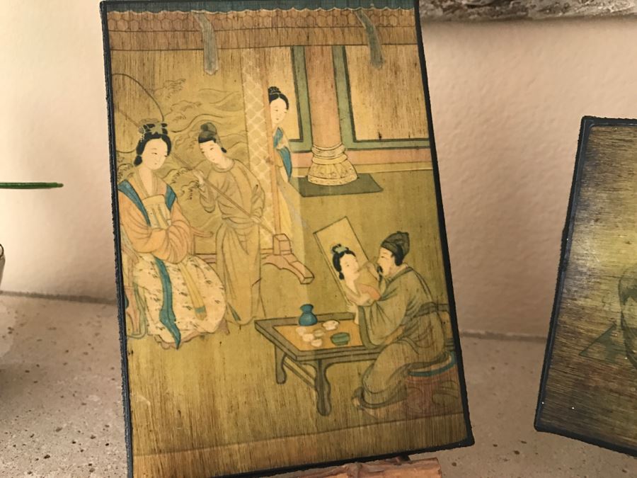 Pair Of Decorative Asian Artwork With Bamboo Stands [Photo 3]