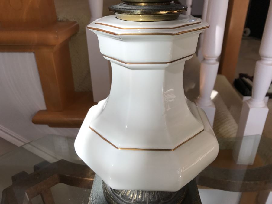 Pair Of Vintage Tall Brass And White Porcelain Table Lamps By Stiffel [Photo 7]