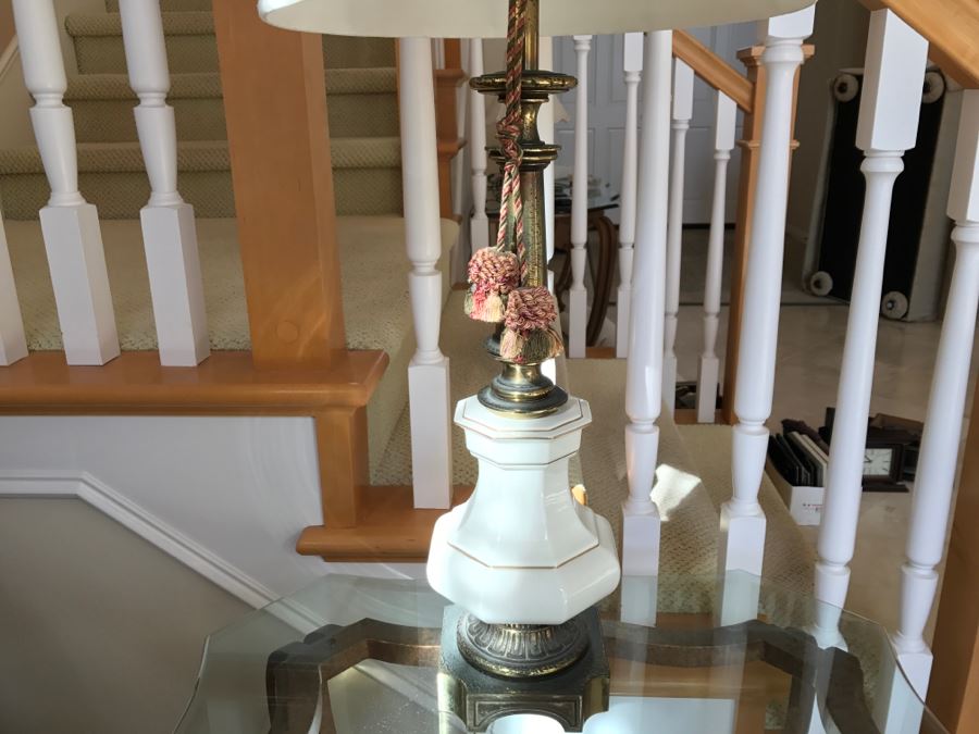 Pair Of Vintage Tall Brass And White Porcelain Table Lamps By Stiffel [Photo 4]