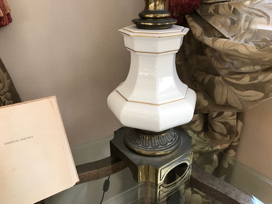 Pair Of Vintage Tall Brass And White Porcelain Table Lamps By Stiffel [Photo 9]