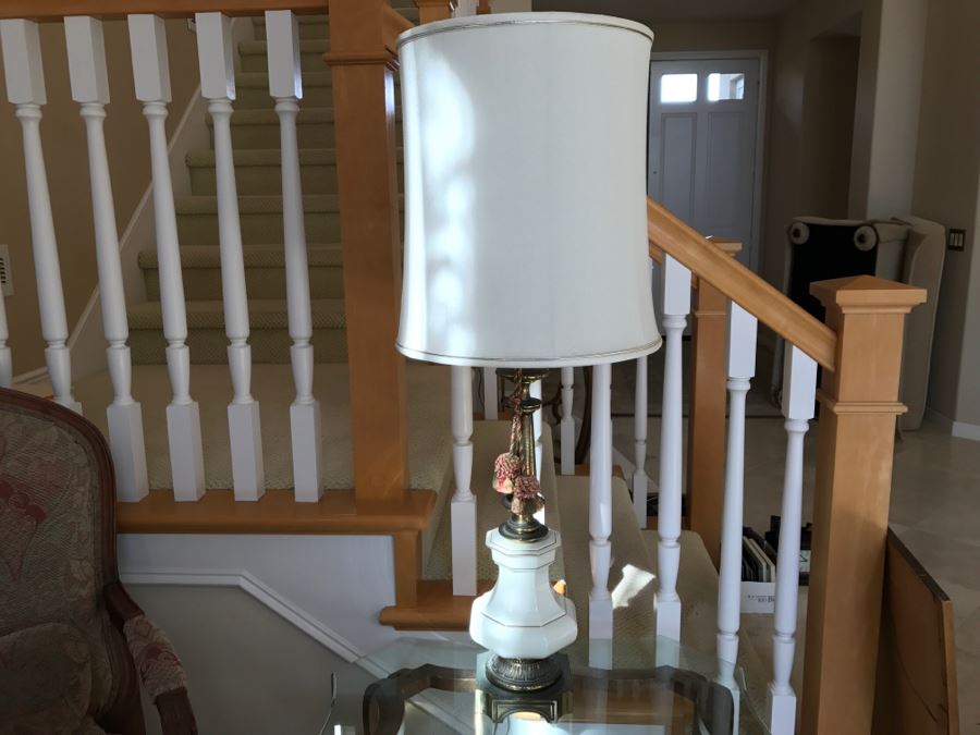 Pair Of Vintage Tall Brass And White Porcelain Table Lamps By Stiffel [Photo 3]