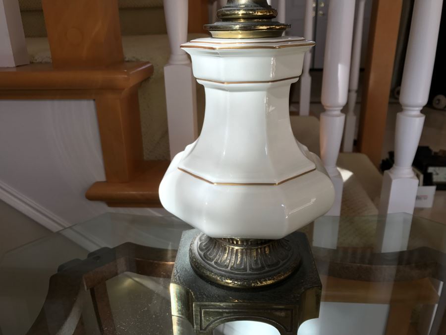 Pair Of Vintage Tall Brass And White Porcelain Table Lamps By Stiffel [Photo 5]