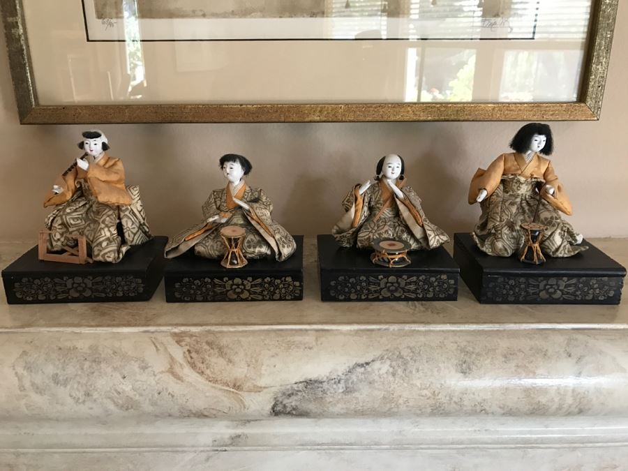 Set Of (4) Vintage Japanese Dolls On Wooden Stands