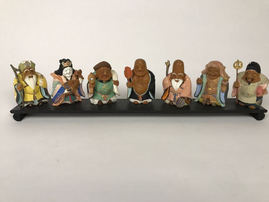 Small Wooden Carved And Hand Painted Asian Figurines With Stand [Photo 1]