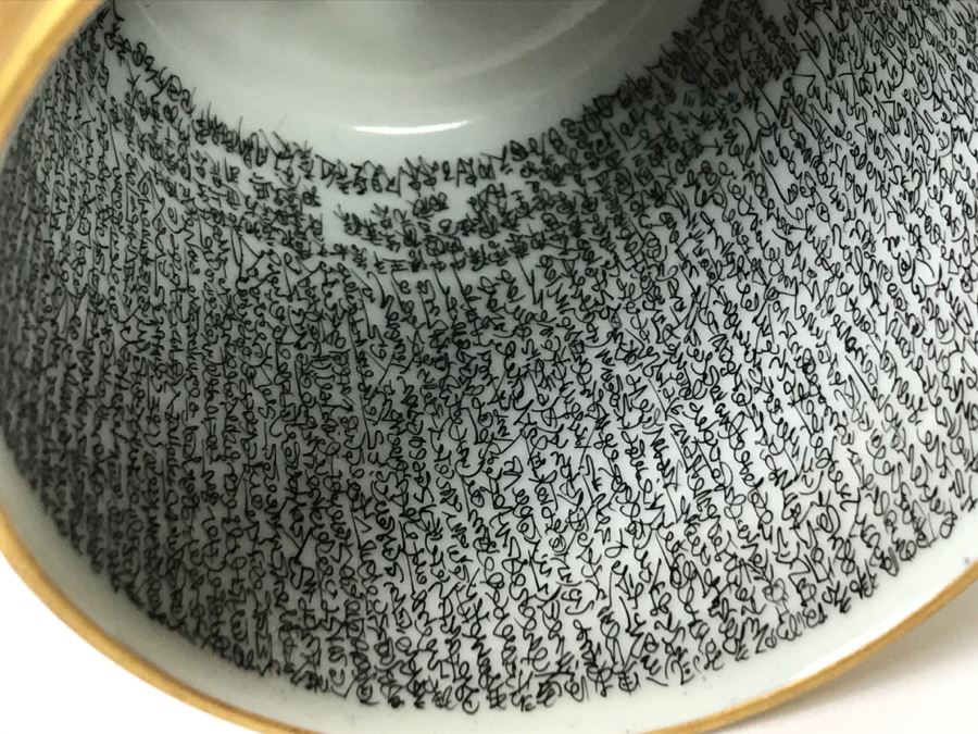 Stunning Pair Of Vintage Signed Japanese Hand Painted Gold Lidded Cups With Detailed Writing Inside Perimeter Of Cup [Photo 25]