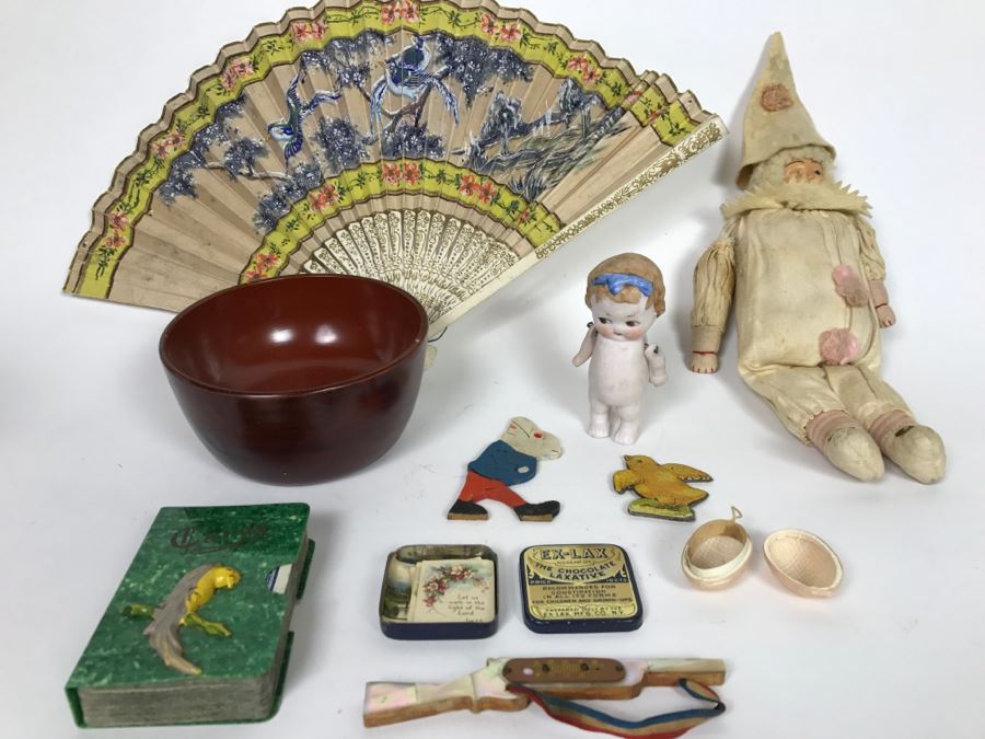 Vintage Lot Featuring Old Clown Doll, Vintage Fan, Vintage Playing Cards Case And Other Items