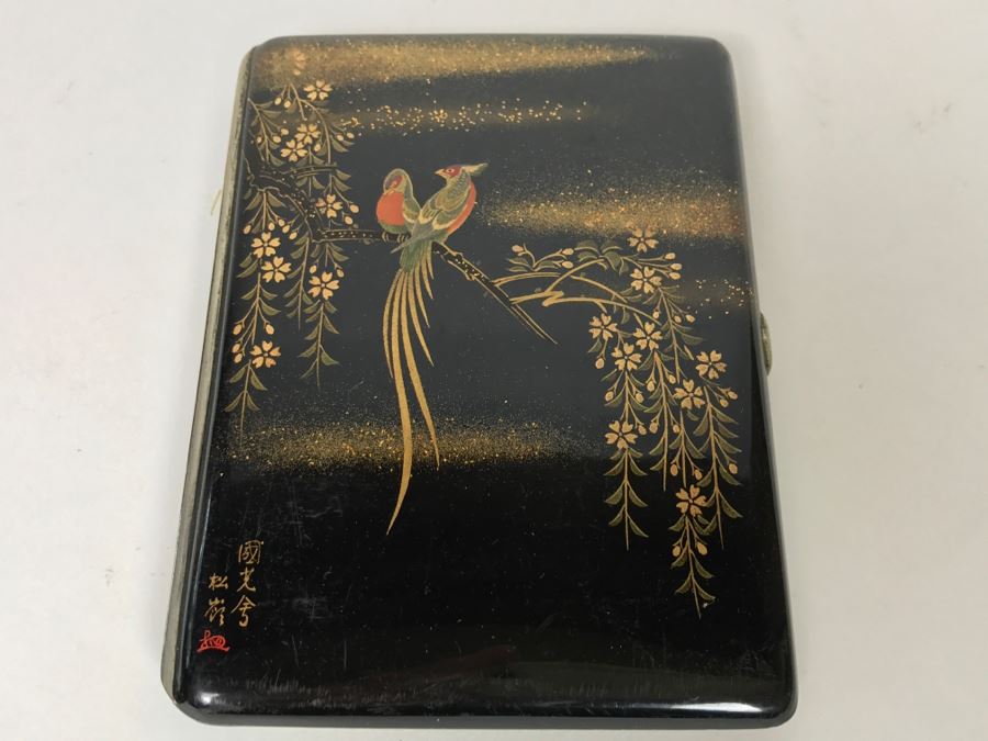 Vintage Signed Asian Cigarette Case With Bird And Floral Motif