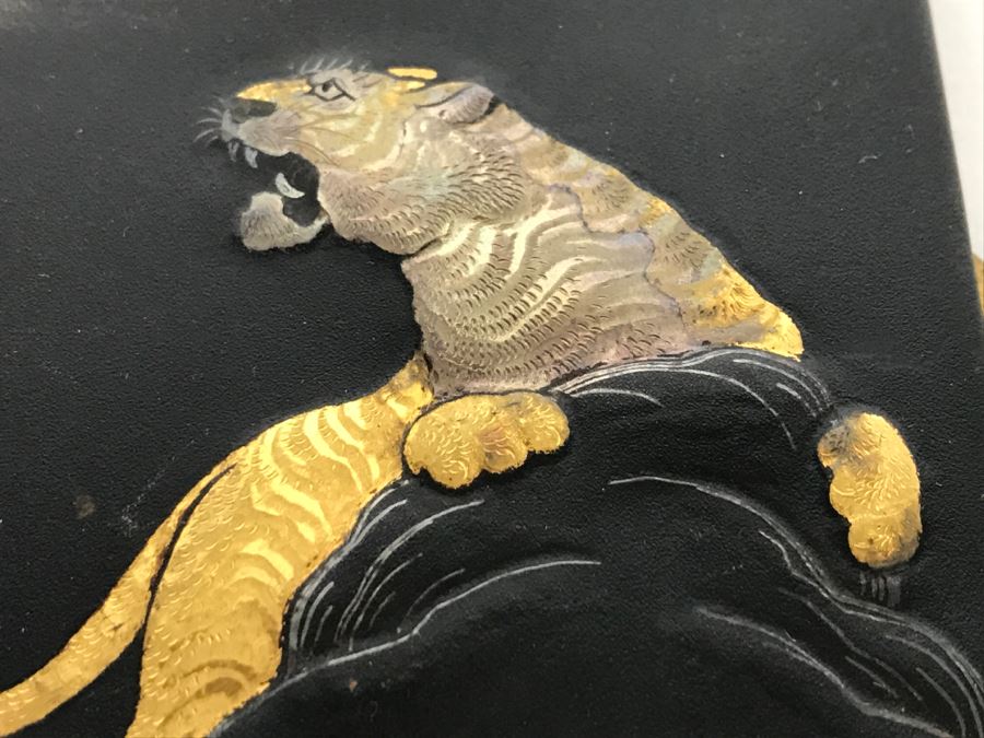 Vintage Japanese Kyoto Damascen Ware Case Gold And Silver Tiger Cigarette Case Amita Damascene [Photo 4]