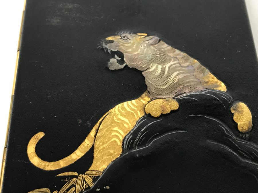 Vintage Japanese Kyoto Damascen Ware Case Gold And Silver Tiger Cigarette Case Amita Damascene [Photo 3]