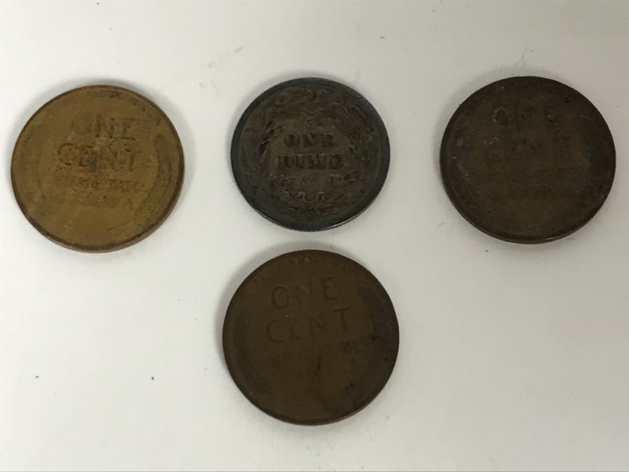 1906 Barber Silver Dime And 3 Lincoln Wheat Pennies [Photo 7]