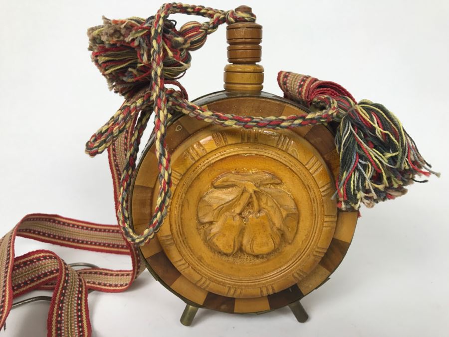 Carved Wooden Flask With Fruit Motif
