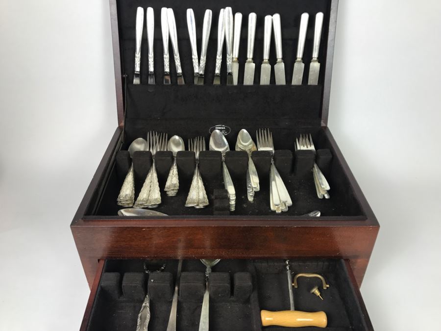 Wooden Silverware Box With (2) Separate Silverplate Flatware Patterns - 1847 Rogers Bros And Ekco Eterna Inverness Silver Plate [Photo 3]