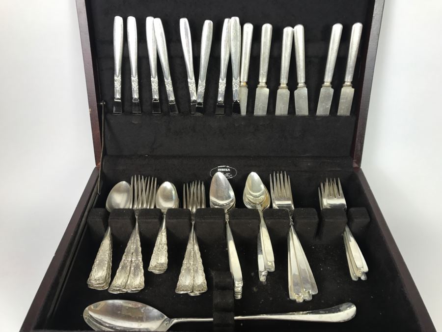 Wooden Silverware Box With (2) Separate Silverplate Flatware Patterns - 1847 Rogers Bros And Ekco Eterna Inverness Silver Plate [Photo 4]