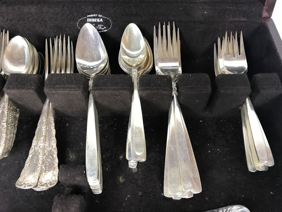 Wooden Silverware Box With (2) Separate Silverplate Flatware Patterns - 1847 Rogers Bros And Ekco Eterna Inverness Silver Plate [Photo 7]