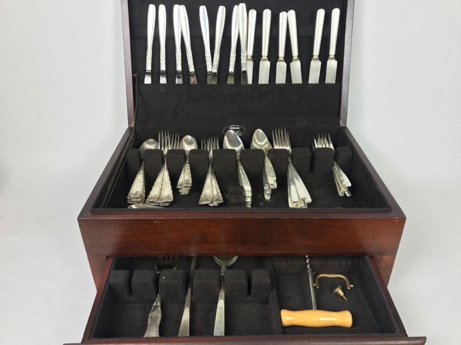 Wooden Silverware Box With (2) Separate Silverplate Flatware Patterns - 1847 Rogers Bros And Ekco Eterna Inverness Silver Plate [Photo 1]