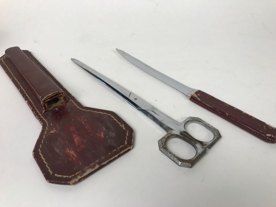 Vintage Scissors And Letter Opener With Sheath