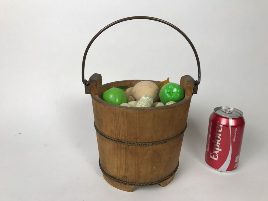 Vintage Wooden Bucket With Handle Filled With Faux Nuts And Fruit [Photo 1]