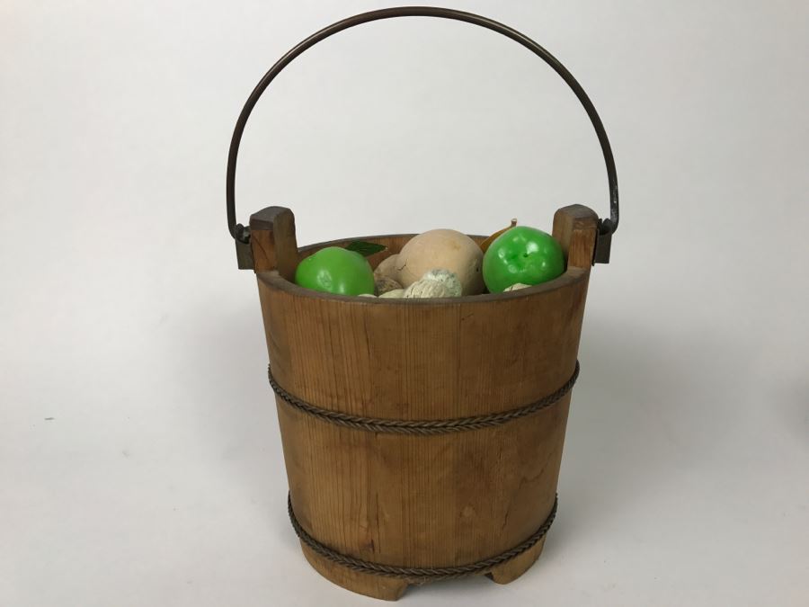 Vintage Wooden Bucket With Handle Filled With Faux Nuts And Fruit [Photo 2]