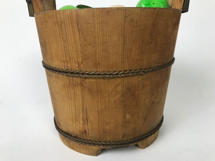 Vintage Wooden Bucket With Handle Filled With Faux Nuts And Fruit [Photo 4]