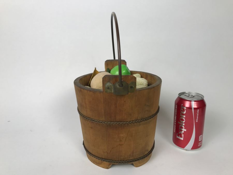 Vintage Wooden Bucket With Handle Filled With Faux Nuts And Fruit [Photo 6]