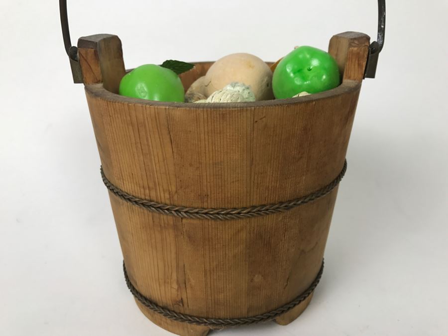 Vintage Wooden Bucket With Handle Filled With Faux Nuts And Fruit [Photo 3]