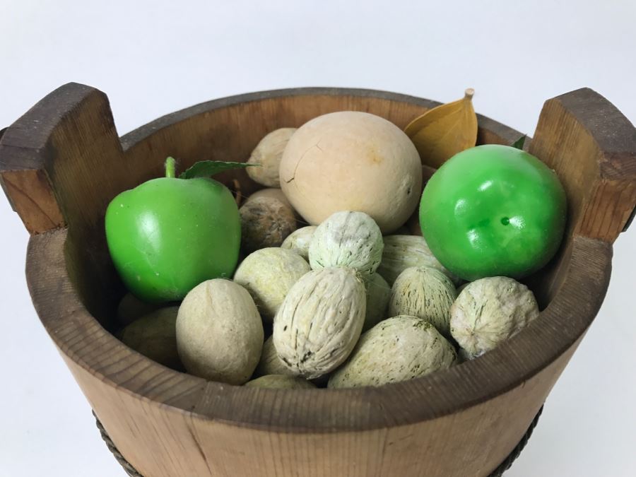Vintage Wooden Bucket With Handle Filled With Faux Nuts And Fruit [Photo 5]