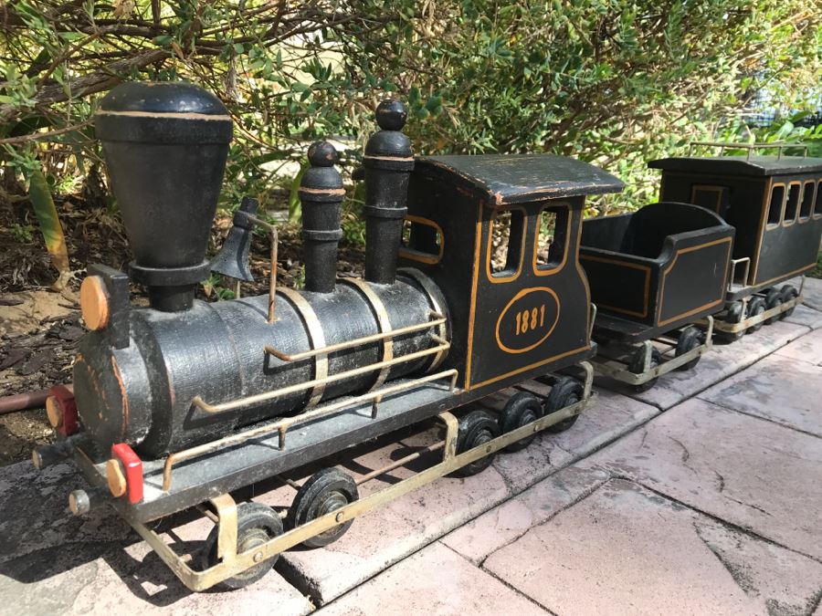 Large Wooden Folk Art Style Model Train With Engine, Cargo Train And Caboose Black With Gold Trim 1881 Painted On Side Of Engine [Photo 1]