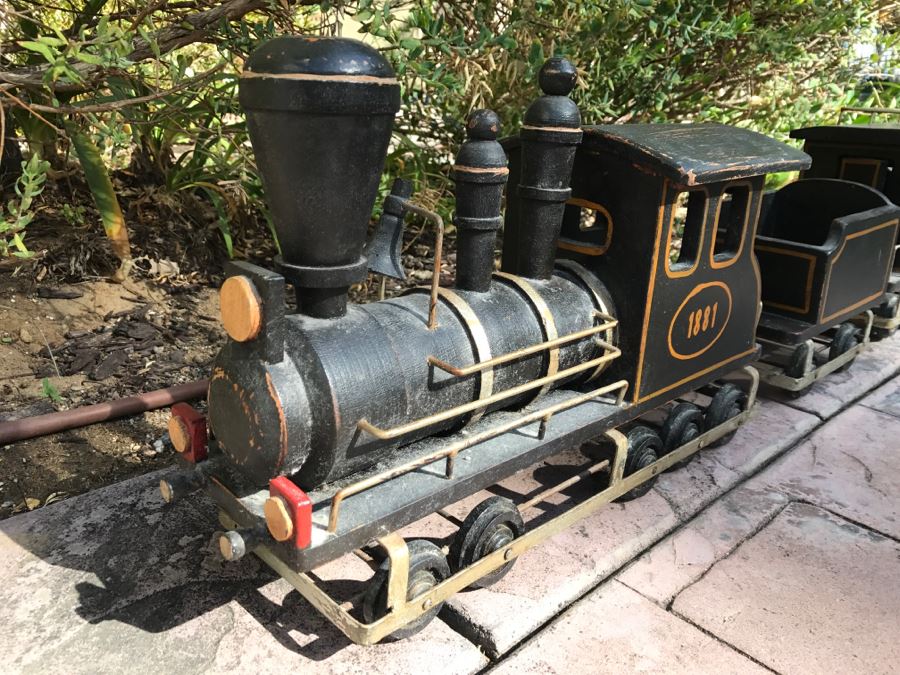 Large Wooden Folk Art Style Model Train With Engine, Cargo Train And Caboose Black With Gold Trim 1881 Painted On Side Of Engine [Photo 3]