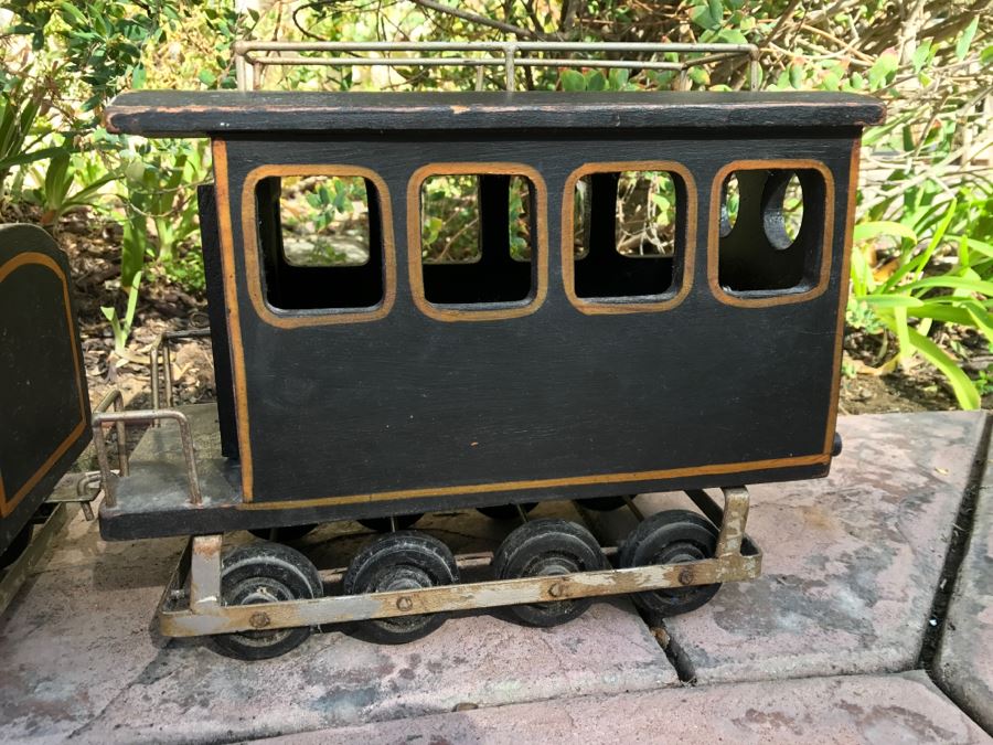 Large Wooden Folk Art Style Model Train With Engine, Cargo Train And Caboose Black With Gold Trim 1881 Painted On Side Of Engine [Photo 12]