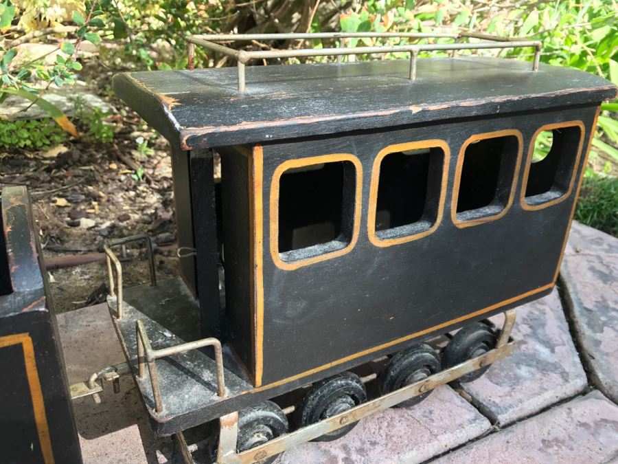 Large Wooden Folk Art Style Model Train With Engine, Cargo Train And Caboose Black With Gold Trim 1881 Painted On Side Of Engine [Photo 7]