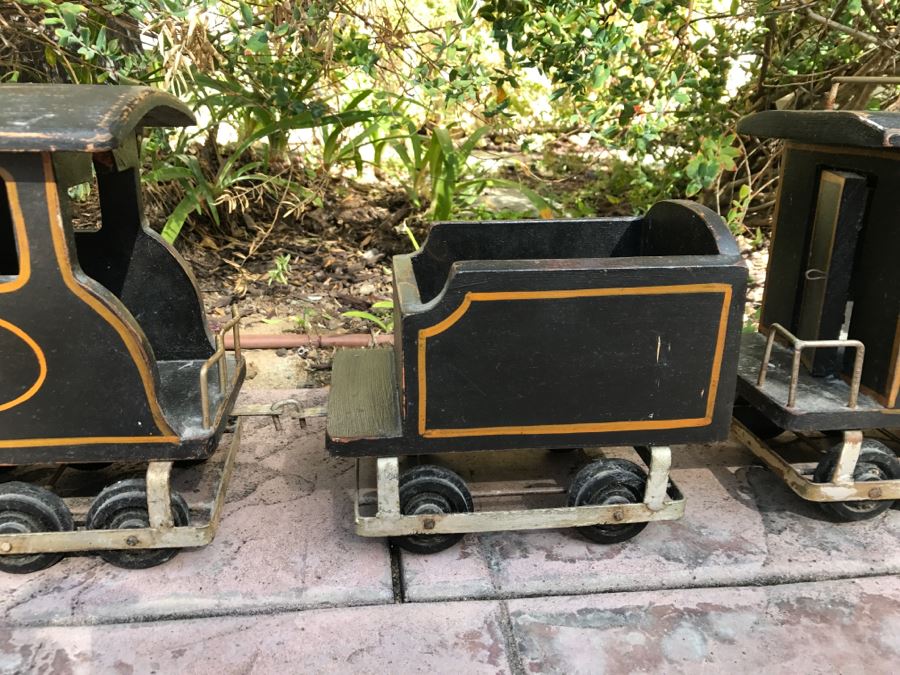 Large Wooden Folk Art Style Model Train With Engine, Cargo Train And Caboose Black With Gold Trim 1881 Painted On Side Of Engine [Photo 11]