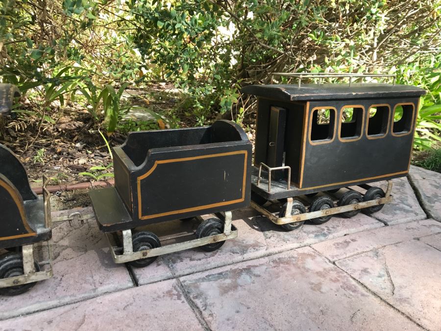Large Wooden Folk Art Style Model Train With Engine, Cargo Train And Caboose Black With Gold Trim 1881 Painted On Side Of Engine [Photo 6]