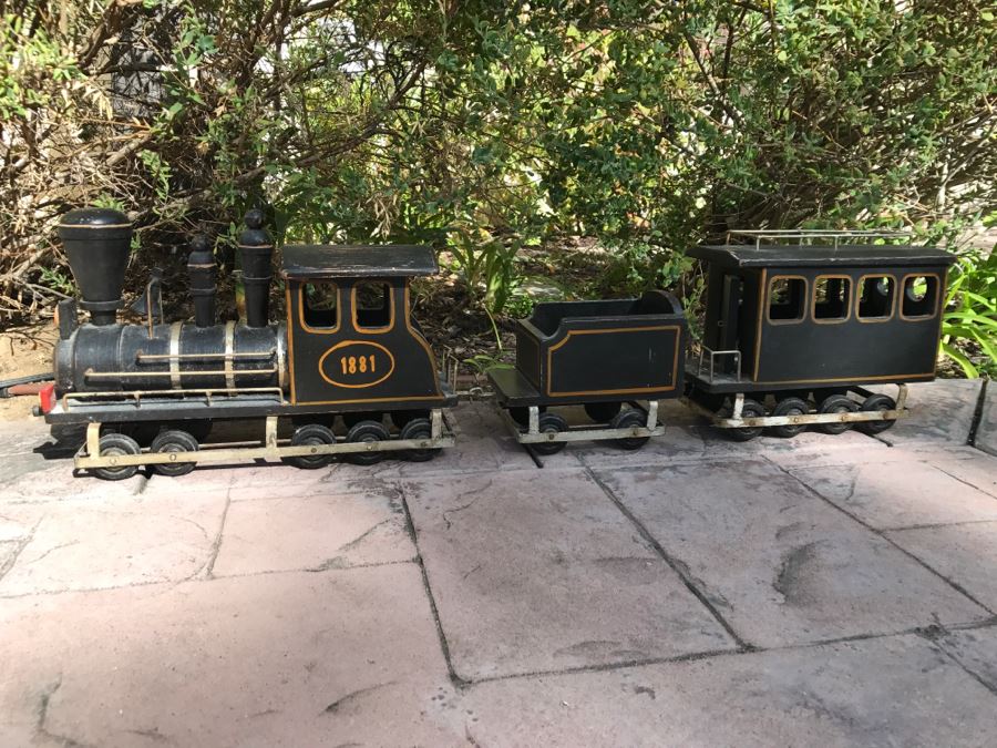 Large Wooden Folk Art Style Model Train With Engine, Cargo Train And Caboose Black With Gold Trim 1881 Painted On Side Of Engine [Photo 2]