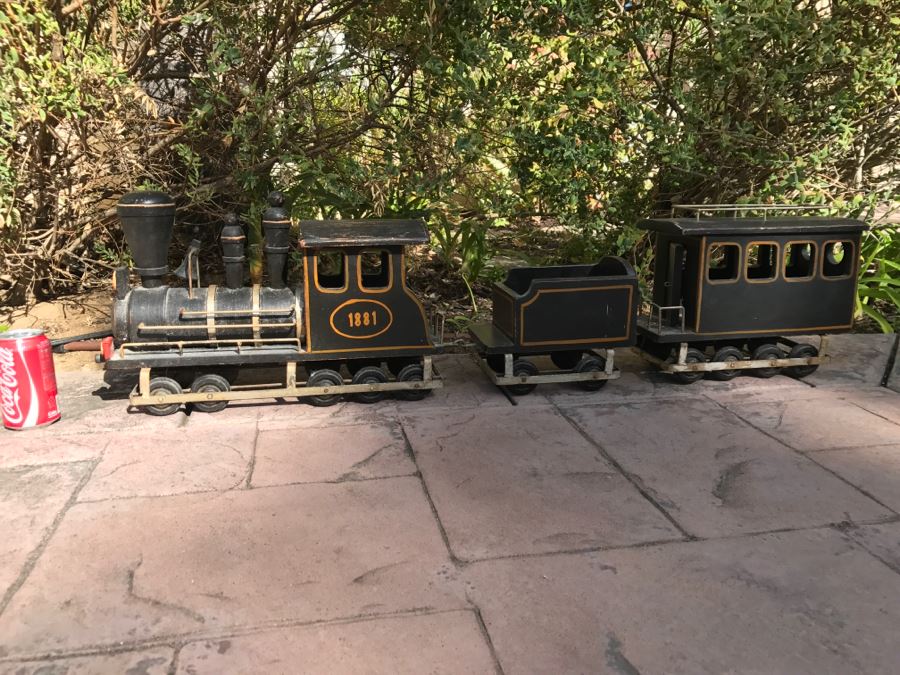 Large Wooden Folk Art Style Model Train With Engine, Cargo Train And Caboose Black With Gold Trim 1881 Painted On Side Of Engine [Photo 15]