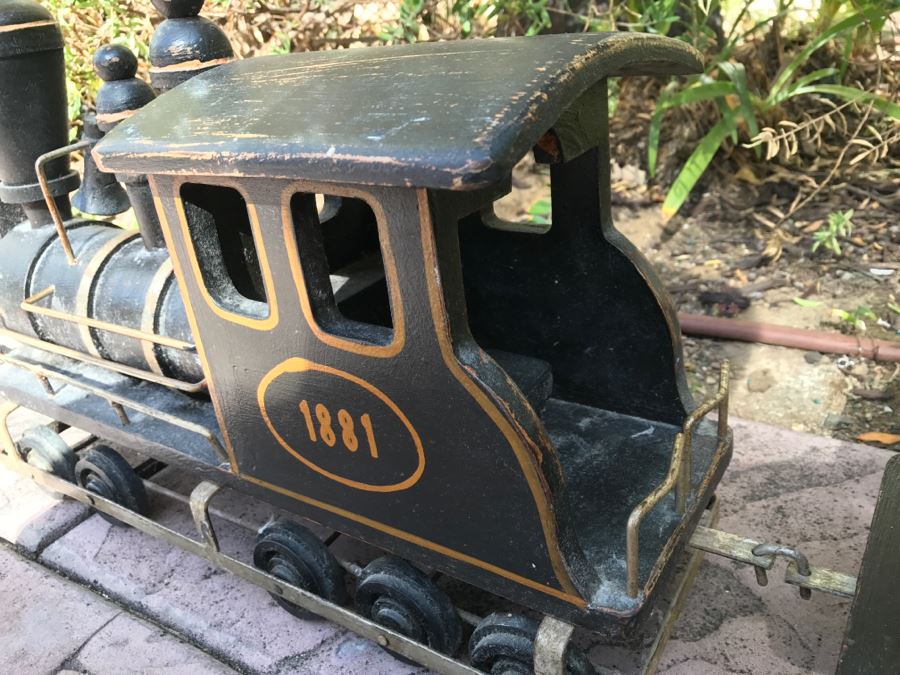 Large Wooden Folk Art Style Model Train With Engine, Cargo Train And Caboose Black With Gold Trim 1881 Painted On Side Of Engine [Photo 9]