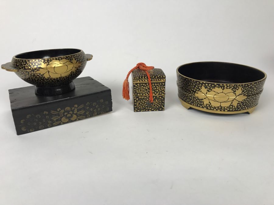 Collection Of Black And Gold Lacquerware Floral Motif